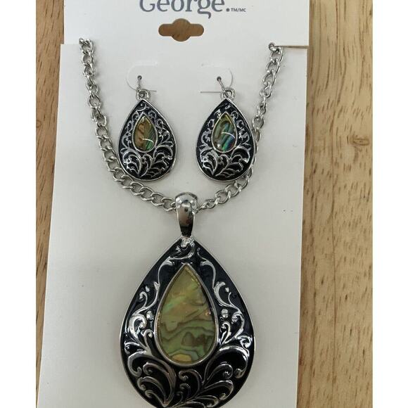 George Antique Silver Teardrop Abalone Earrings Necklace Set Fashion Jewelry NEW - Picture 4 of 5